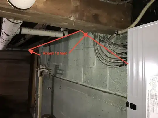Basement from main load center to doorway leading to garage