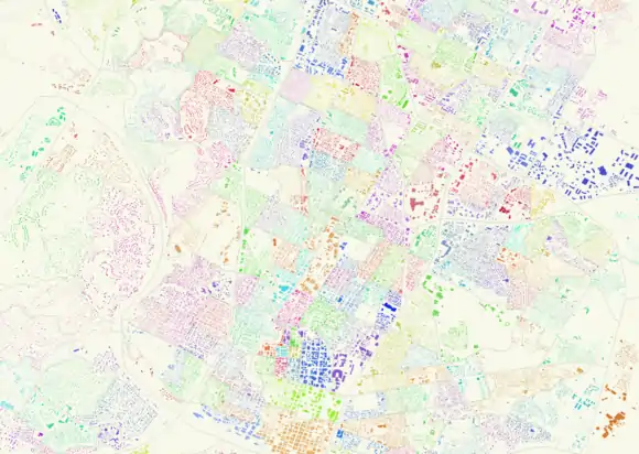 A map of building footprints from the City of Austin, colored by census block group.