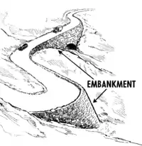 Road on an embankment (between a bridge and a cutting)
