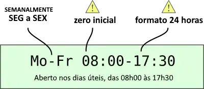 Image demonstrating to use a hyphen to separate the first and last weekday in the range, a space between the day range and the time interval, and noting that a leading zero is mandatory.