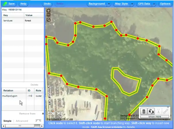 Multipolygon byl vytvořen. Značky pro les by měly být přesunuty z vnější cesty do nové relace.