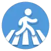 a person on a zebra crossing walking or running to the right. The elements are white on a blue background.