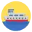 a grey ship with a red bottom in the water shipping to the left on a yellow background