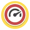 a black tachometer on top of a white, round street sign with a red border. It is shown on a yellow background