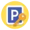 a parking street sign (it is a white P on a blue square with a white border on a yellow background) and a yellow key in the foreground