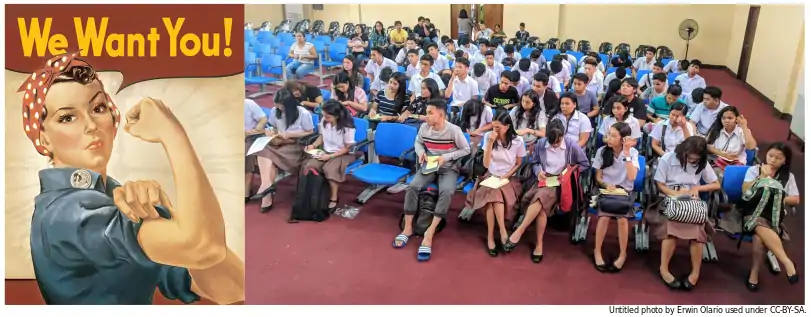Young volunteer-applicants respond to call, and listen intently for instructions.