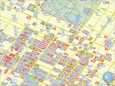 Client-side tile rendering makes arbitrarily large zoom levels possible (added July'12) This is using a /Vector tiles approach with OSM buildings data